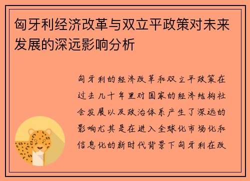 匈牙利经济改革与双立平政策对未来发展的深远影响分析