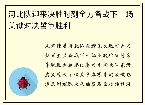 河北队迎来决胜时刻全力备战下一场关键对决誓争胜利