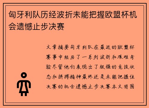 匈牙利队历经波折未能把握欧盟杯机会遗憾止步决赛