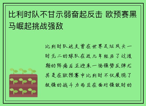 比利时队不甘示弱奋起反击 欧预赛黑马崛起挑战强敌