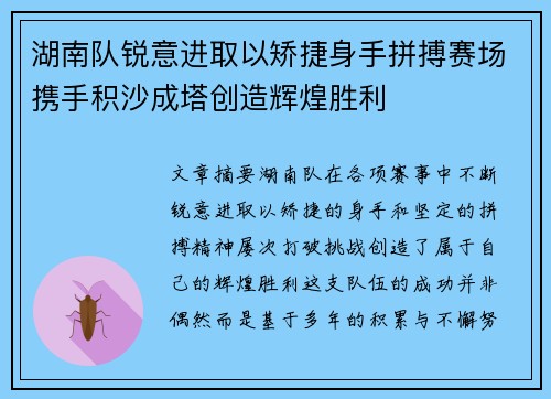 湖南队锐意进取以矫捷身手拼搏赛场携手积沙成塔创造辉煌胜利