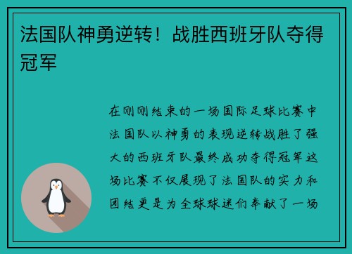 法国队神勇逆转！战胜西班牙队夺得冠军