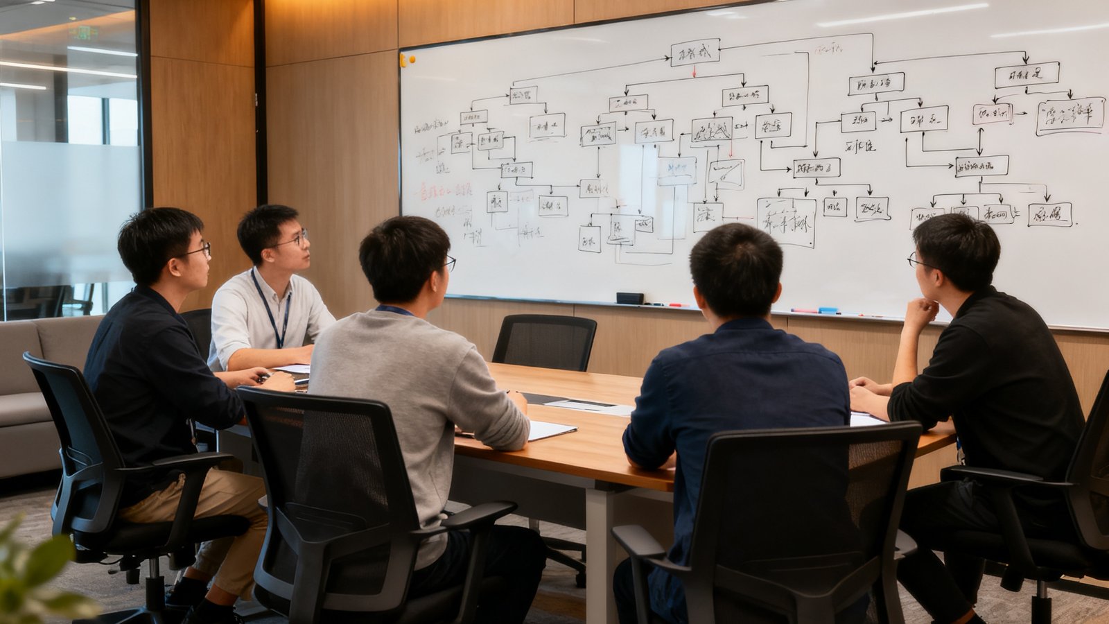 爱游戏技术团队在深圳办公室进行产品方案讨论，白板上画满架构图